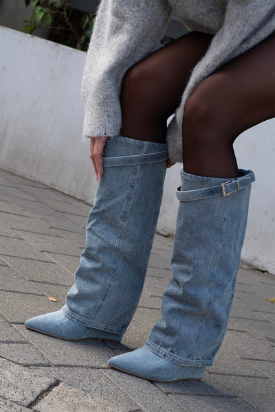 סטיב מאד - מגפי עקב CORENNE בכחול ג'ינס