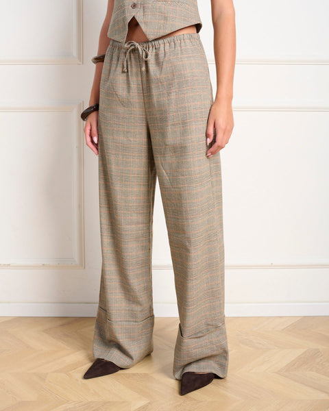 סטיב מאד - מכנסיים ארוכים לנשים IDRA בחום משובץ