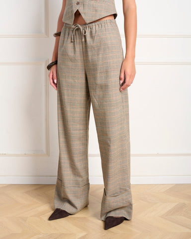 מכנסיים ארוכים לנשים IDRA בחום משובץ